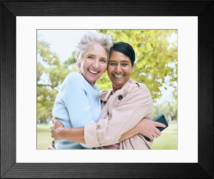 Framed Print : Senior women, bonding or hug portrait in nature park Framed Print : Senior women, bonding or hug portrait in nature park