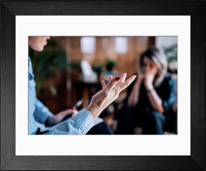 Framed Print : CBT, or cognitive behavioural therapy session, therapist talking to patient Framed Print : CBT, or cognitive behavioural therapy session, therapist talking to patient