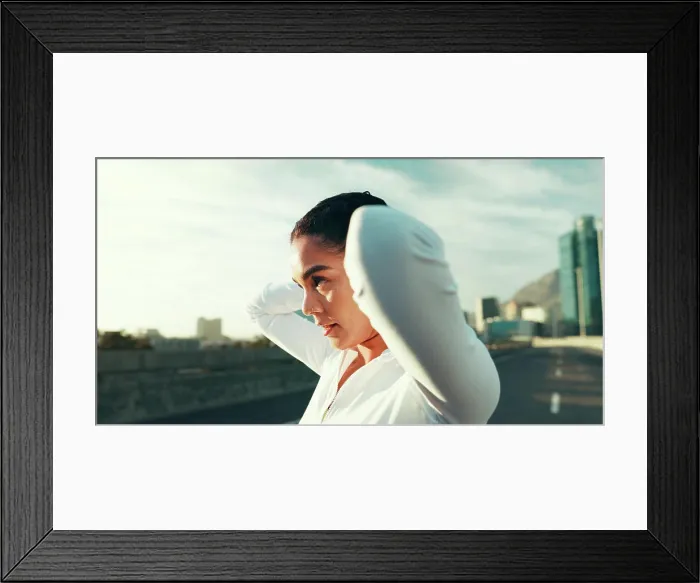 Framed Print : Running, thinking and fitness with woman in city for reflection Framed Print : Running, thinking and fitness with woman in city for reflection