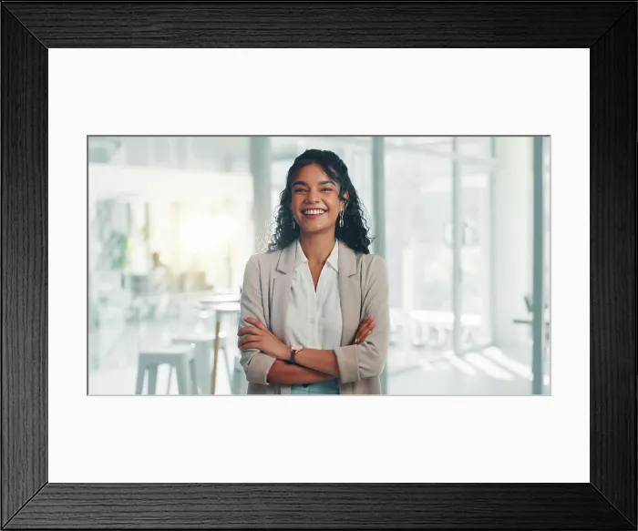 Framed Print : Portrait, smile and confident business woman in corporate office for ambition Framed Print : Portrait, smile and confident business woman in corporate office for ambition