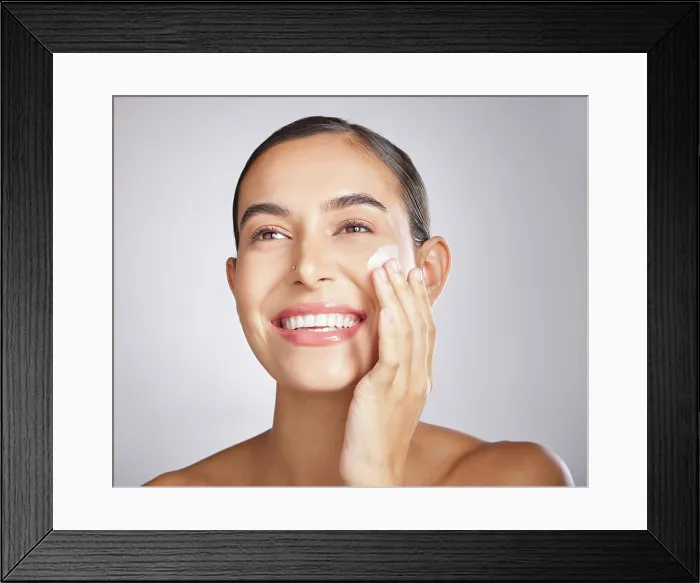 Framed Print : Beauty, skincare and product with cream and woman for facial Framed Print : Beauty, skincare and product with cream and woman for facial