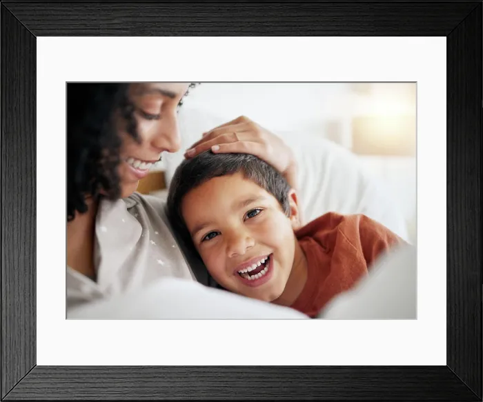 Framed Print : Happy, mom and portrait of child in bed with happiness Framed Print : Happy, mom and portrait of child in bed with happiness