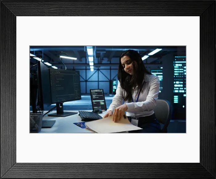 Framed Print : Programmer in data center arriving in office