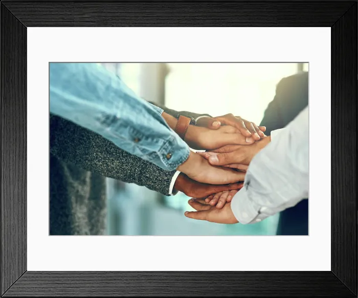 Framed Print : Business people, hands and huddle in office for solidarity