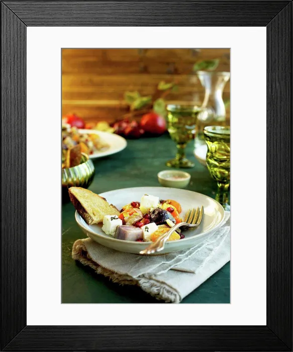 Framed Print : Olive Oil Wine Roasted Vegetable with Feta served with bread and wine. Photographed on a dark green background Framed Print : Olive Oil Wine Roasted Vegetable with Feta served with bread and wine. Photographed on a dark green background