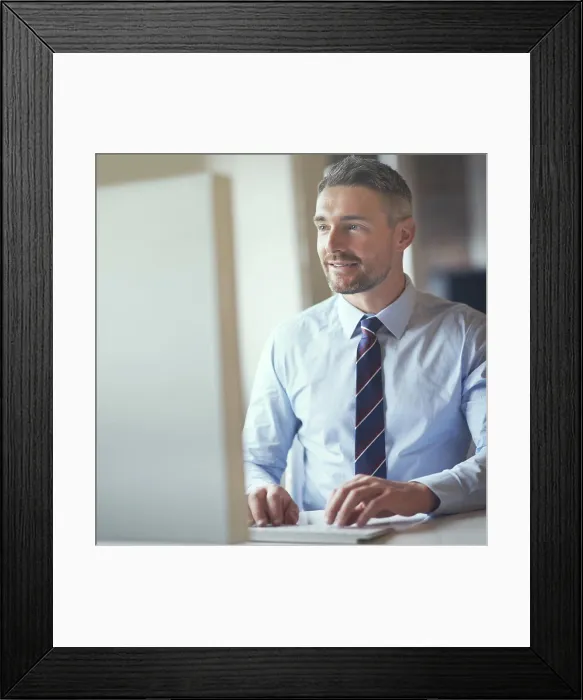 Framed Print : Thinking, typing and man with computer