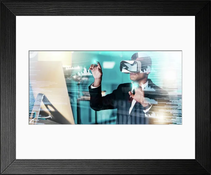 Framed Print : VR, businessman and web developer in cyber metaverse