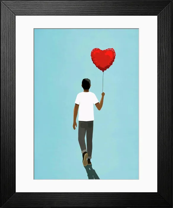 Framed Print : Man walking with heart shape balloon Framed Print : Man walking with heart shape balloon