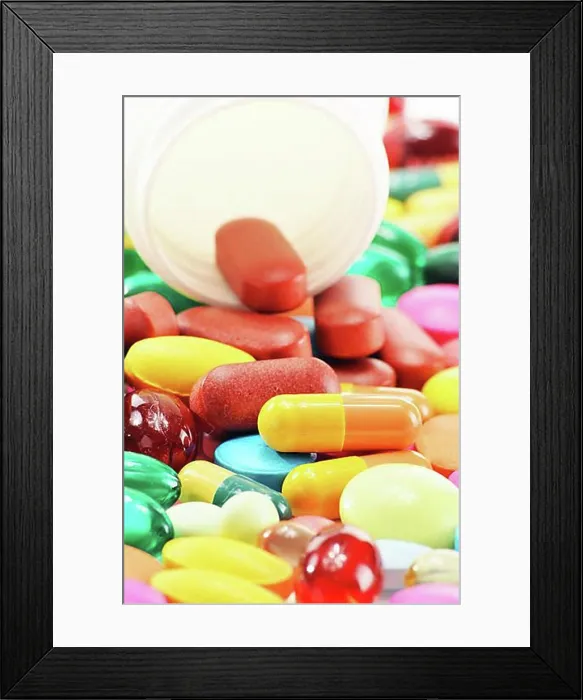 Framed Print : Composition with dietary supplement capsules and drug pills