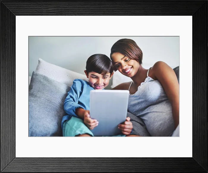 Framed Print : Home, pregnant woman and child with tablet for movies