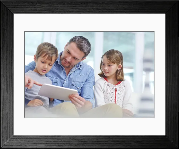 Framed Print : Education, learning or tablet with father and children on sofa in living room together for bonding or study Framed Print : Education, learning or tablet with father and children on sofa in living room together for bonding or study