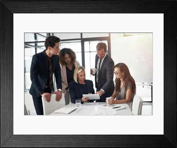 Framed Print : Business people, corporate meeting with tablet and planning ideas in collaboration on project proposal or pitch Framed Print : Business people, corporate meeting with tablet and planning ideas in collaboration on project proposal or pitch