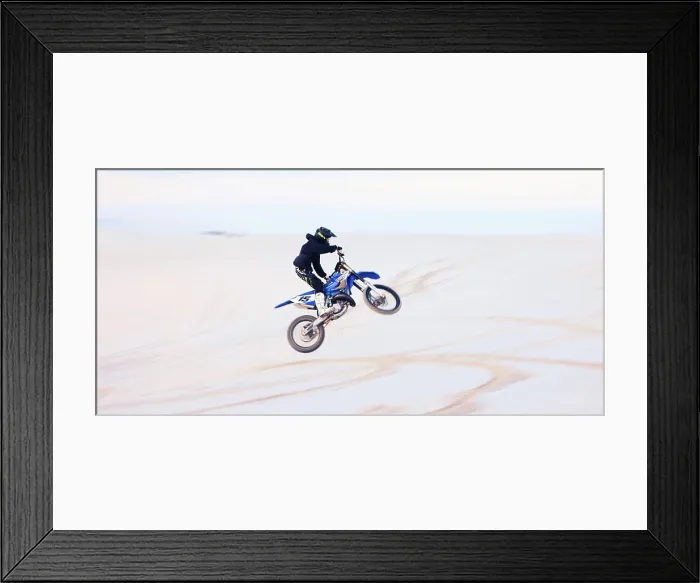 Framed Print : Sand, jump or athlete driving motorcycle for action Framed Print : Sand, jump or athlete driving motorcycle for action