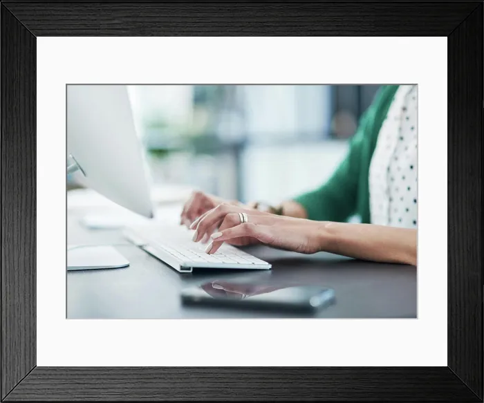 Framed Print : Hands, typing and keyboard with computer in office Framed Print : Hands, typing and keyboard with computer in office