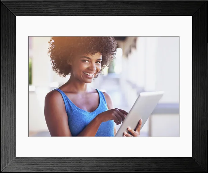 Framed Print : Woman, tablet and portrait outdoor on internet