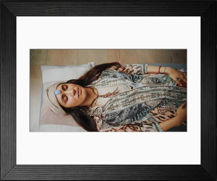 Framed Print : Woman, crystal and healing with chakra on floor Framed Print : Woman, crystal and healing with chakra on floor