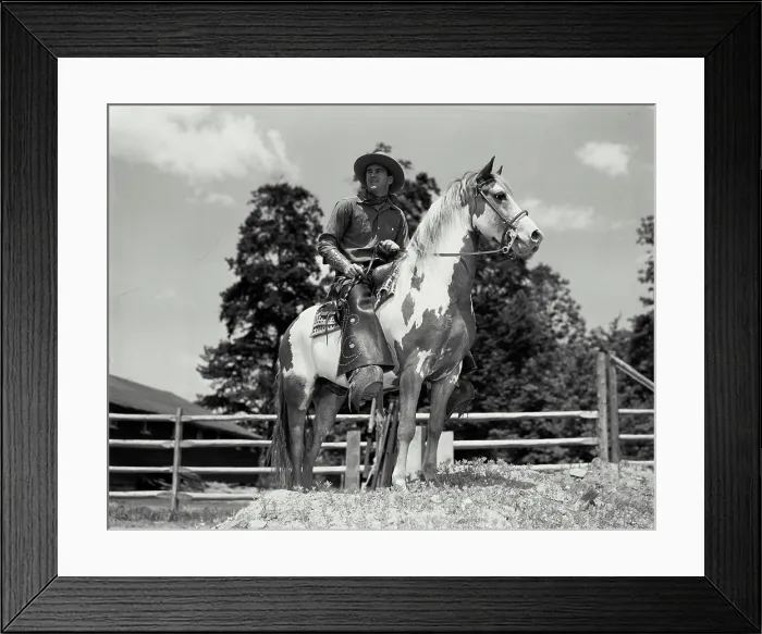 Framed Print : Vintage Photograph. Man riding horse inside pen. Frame 2 Framed Print : Vintage Photograph. Man riding horse inside pen. Frame 2