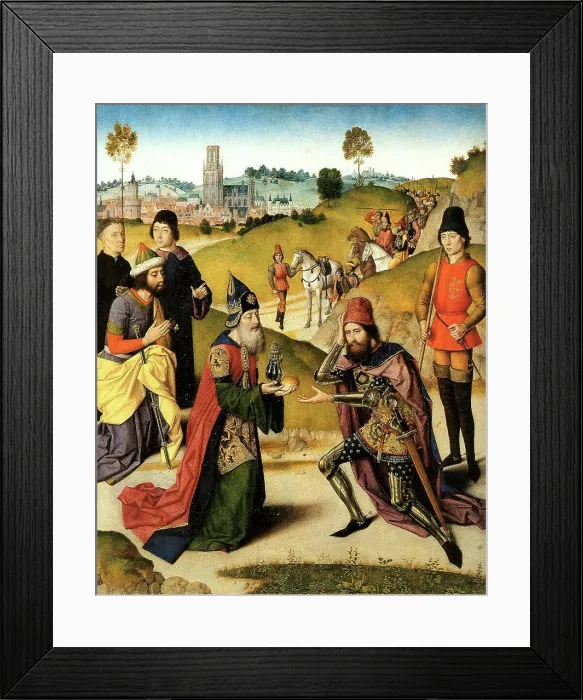 Framed Print : Receiving gifts by Dirk Bouts, oil on wood, 1464-1468, 1410 / 20-1475, Belgium, Leuven, St. Peter's Church, 88x71, 3 Framed Print : Receiving gifts by Dirk Bouts, oil on wood, 1464-1468, 1410 / 20-1475, Belgium, Leuven, St. Peter's Church, 88x71, 3