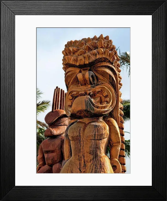 Framed Print : Hawaii, Oahu, Large Wooden Tiki Statues Greet Visitors Outside Of The Polynesian Cultural Center Entrance Framed Print : Hawaii, Oahu, Large Wooden Tiki Statues Greet Visitors Outside Of The Polynesian Cultural Center Entrance