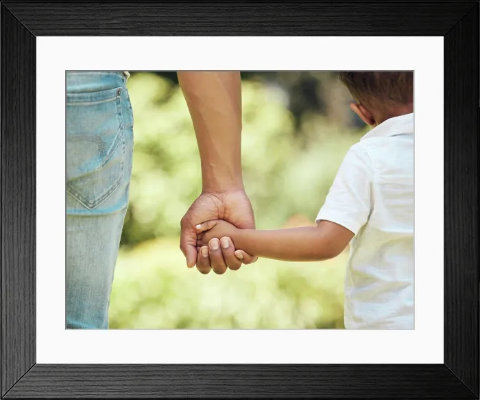 Framed Print : Holding hands, back and kid with father outdoor Framed Print : Holding hands, back and kid with father outdoor