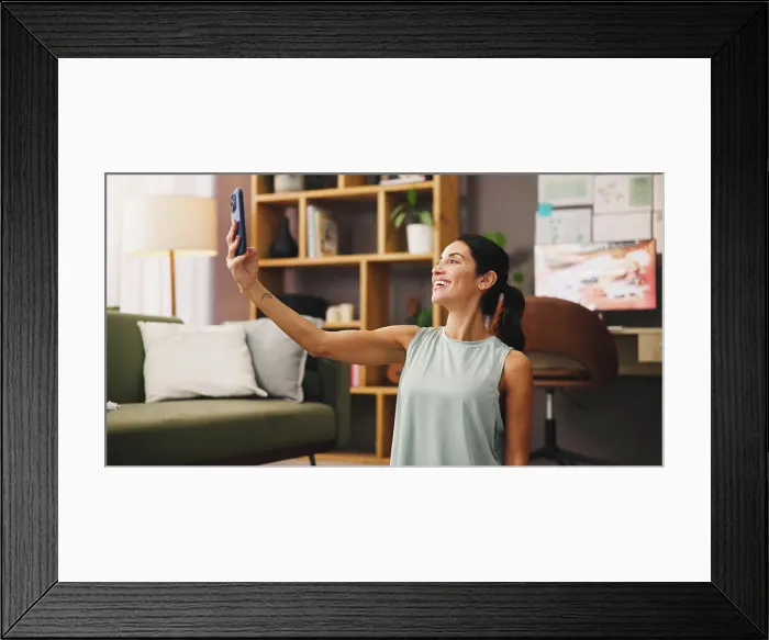 Framed Print : Selfie, woman and home with fitness break for social media post Framed Print : Selfie, woman and home with fitness break for social media post