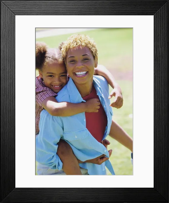 Framed Print : Portrait of a daughter riding piggyback on her mother
