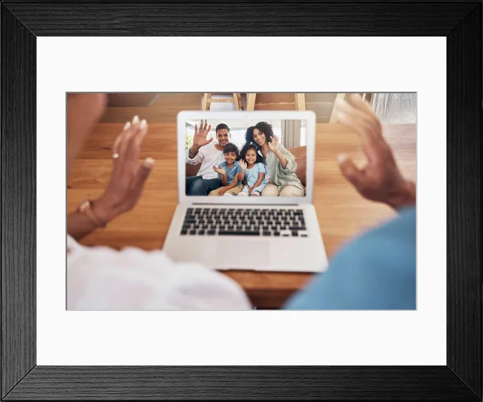Framed Print : Happy couple, laptop and video call with family in communication Framed Print : Happy couple, laptop and video call with family in communication
