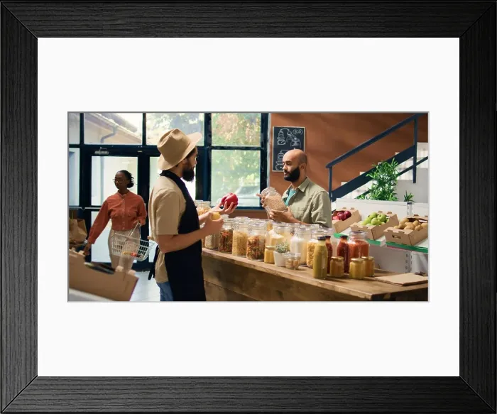 Framed Print : Vendor offers buyer bulk products