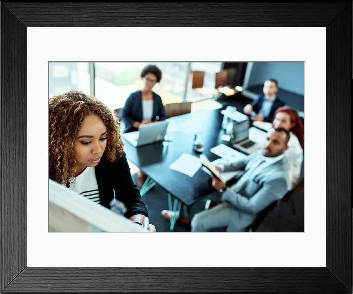 Framed Print : Presentation, business woman and writing on board for training Framed Print : Presentation, business woman and writing on board for training