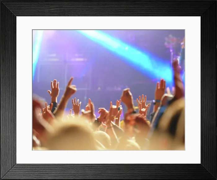 Framed Print : Concert, audience and hands in crowd with light for music festival Framed Print : Concert, audience and hands in crowd with light for music festival
