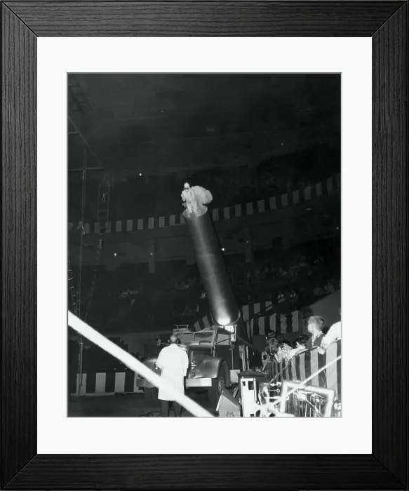 Framed Print : Low angle view of a human cannonball at the circus