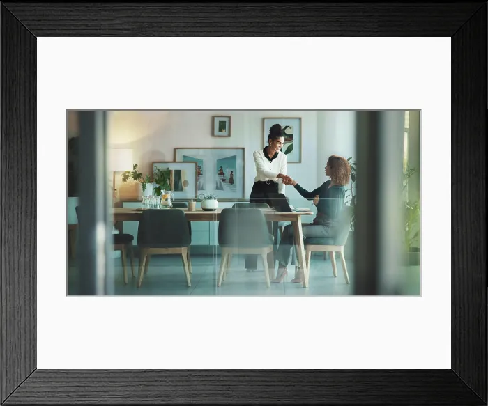 Framed Print : Shaking hands, team and happy business women with welcome Framed Print : Shaking hands, team and happy business women with welcome