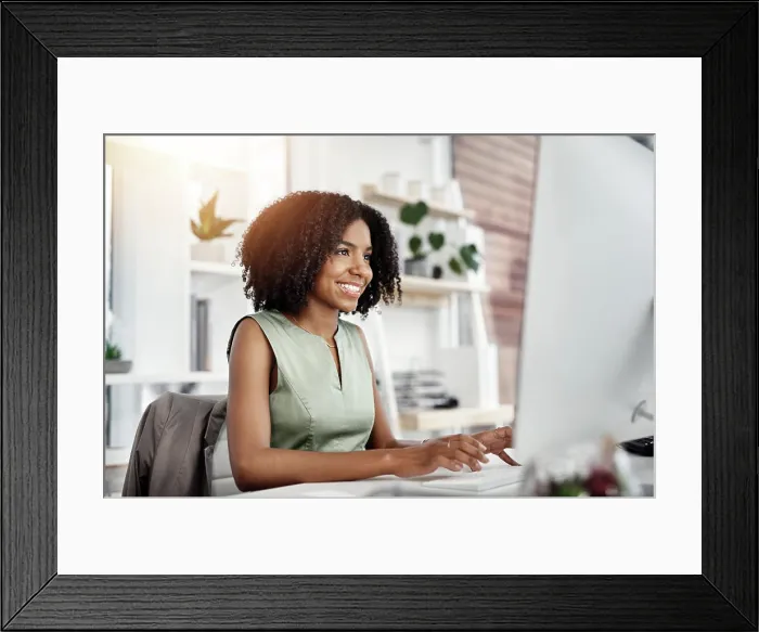 Framed Print : Research, smile and business woman on a computer in office Framed Print : Research, smile and business woman on a computer in office