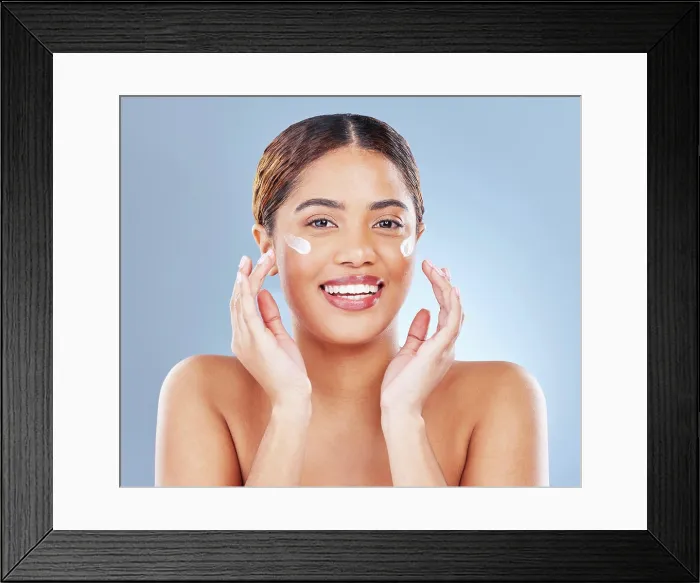 Framed Print : Portrait, cream and woman with dermatology