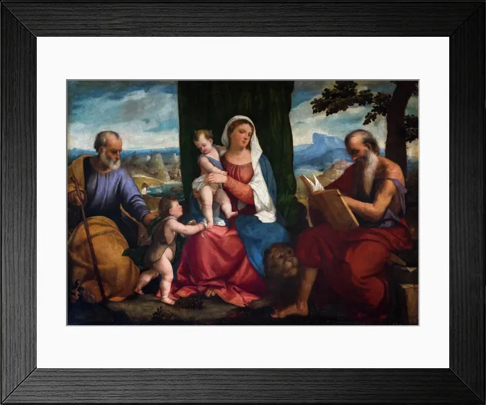 Framed Print : Altarpiece showing the Holy Family; with the Young Saint John the Baptist and Saint Jerome c