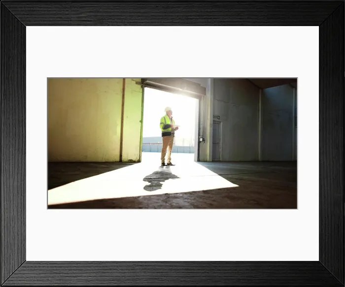 Framed Print : Construction, warehouse and man on tablet thinking for inspection Framed Print : Construction, warehouse and man on tablet thinking for inspection