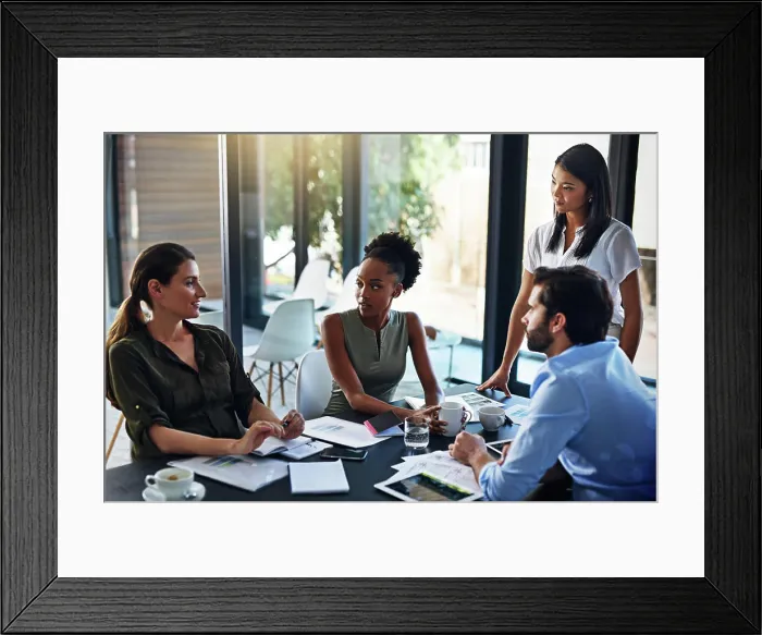 Framed Print : Business people, strategy meeting and conference in boardroom for budget seminar and financial report Framed Print : Business people, strategy meeting and conference in boardroom for budget seminar and financial report