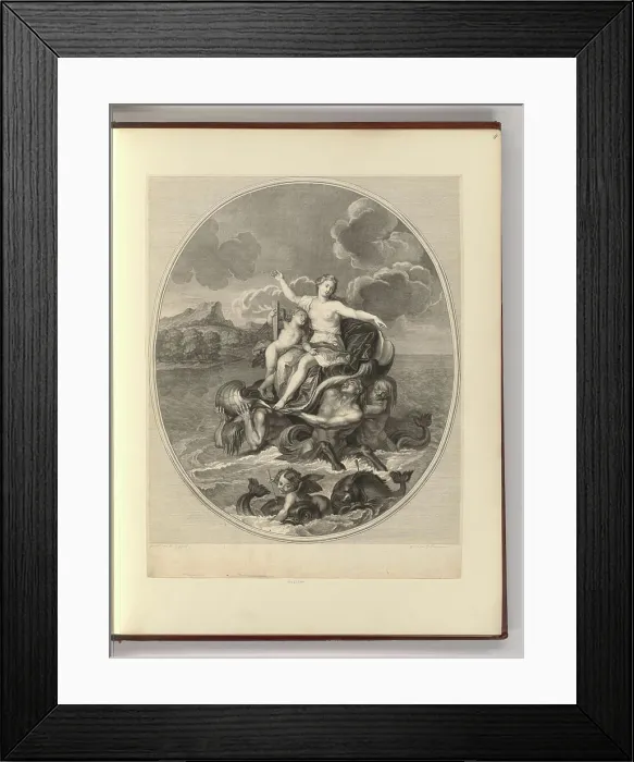 Framed Print : Copper engraving and etching by Charles Simonneau between 1660 and 1728 depicting Venus and Amor on a shell