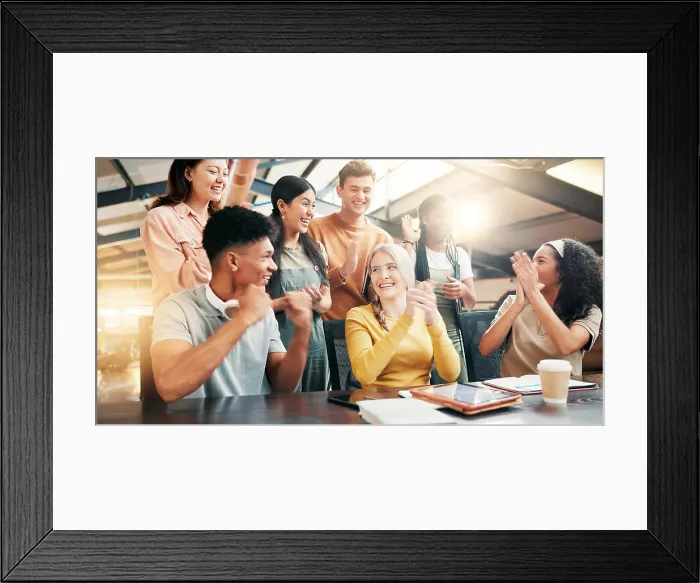 Framed Print : Happy people, team and meeting with applause on tablet for winning Framed Print : Happy people, team and meeting with applause on tablet for winning