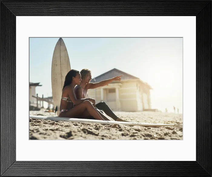 Framed Print : Surfer, hand pointing and couple relax on beach holiday