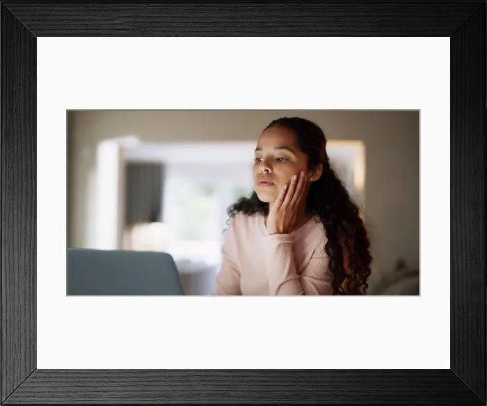 Framed Print : Woman, student and laptop in home for online course Framed Print : Woman, student and laptop in home for online course