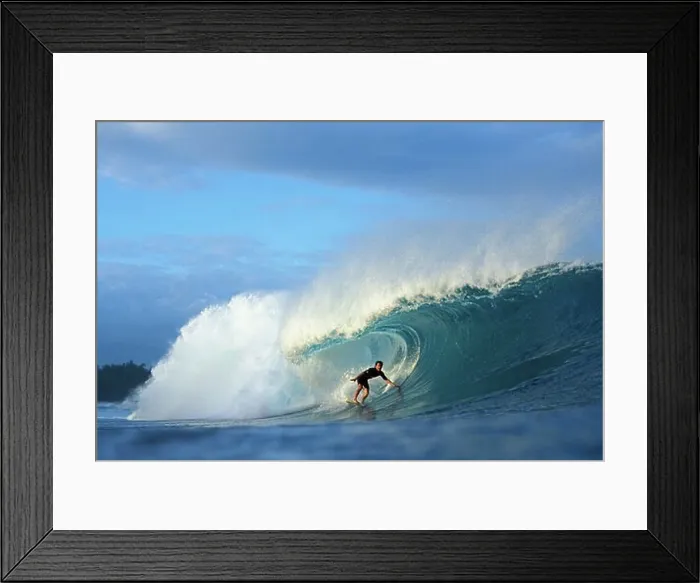 Framed Print : Hawaii, Oahu, North Shore, Pipeline, Derek Ho surfs inside large well-lit curl, view from front-side Framed Print : Hawaii, Oahu, North Shore, Pipeline, Derek Ho surfs inside large well-lit curl, view from front-side
