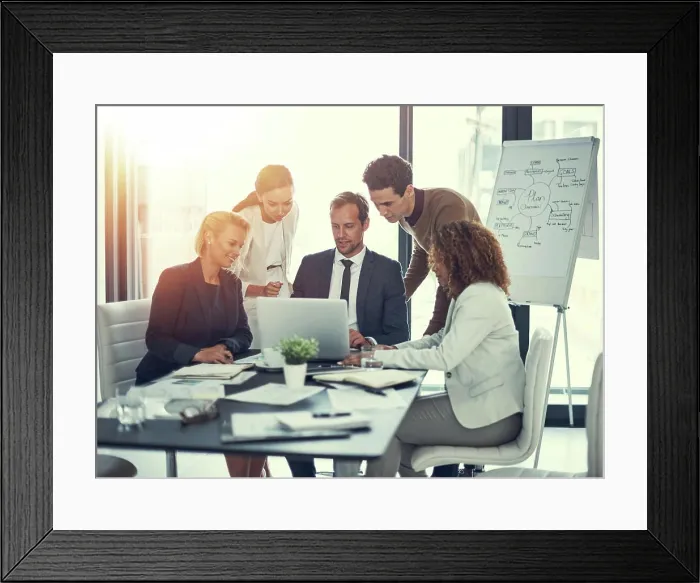 Framed Print : Office, teamwork and business people with laptop for solution Framed Print : Office, teamwork and business people with laptop for solution