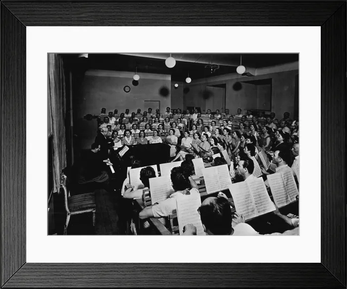 Framed Print : La Scala Strike Ends -- The La Scala choir in rehearsal under its conductor and trainer Veneziani