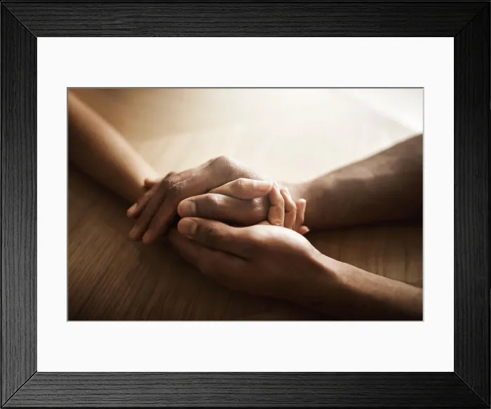 Framed Print : People, desk and holding hands in therapy for support