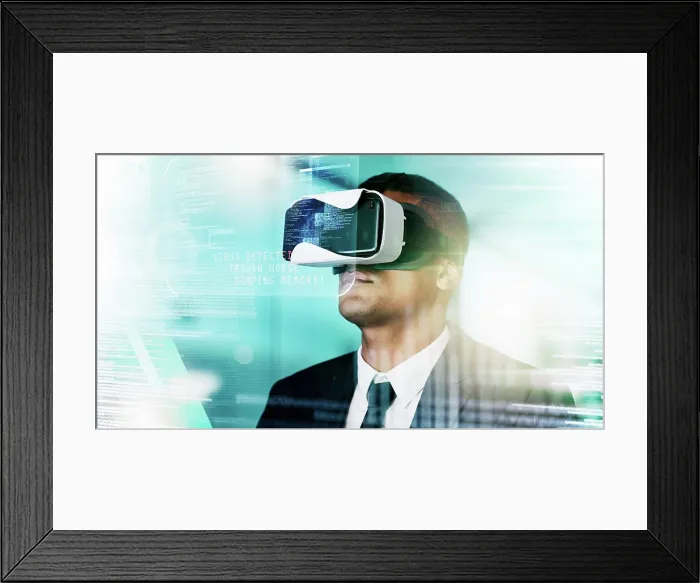 Framed Print : Futuristic businessman, vr and data hologram Framed Print : Futuristic businessman, vr and data hologram