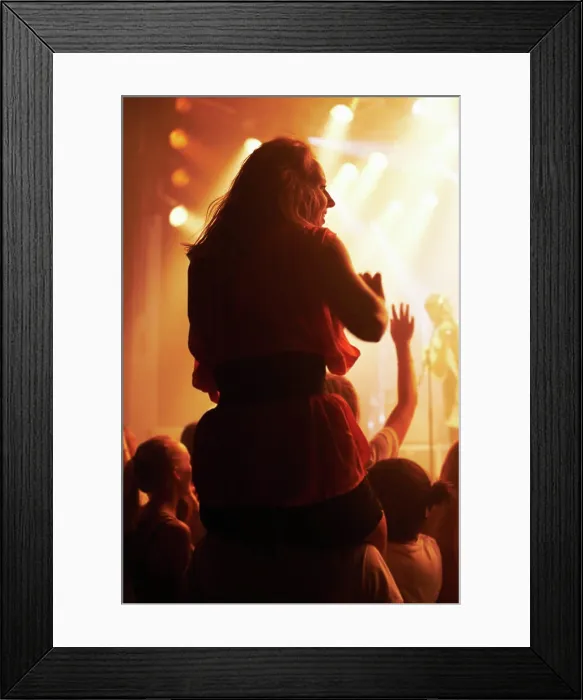 Framed Print : Concert, woman and friends at festival with piggyback for party