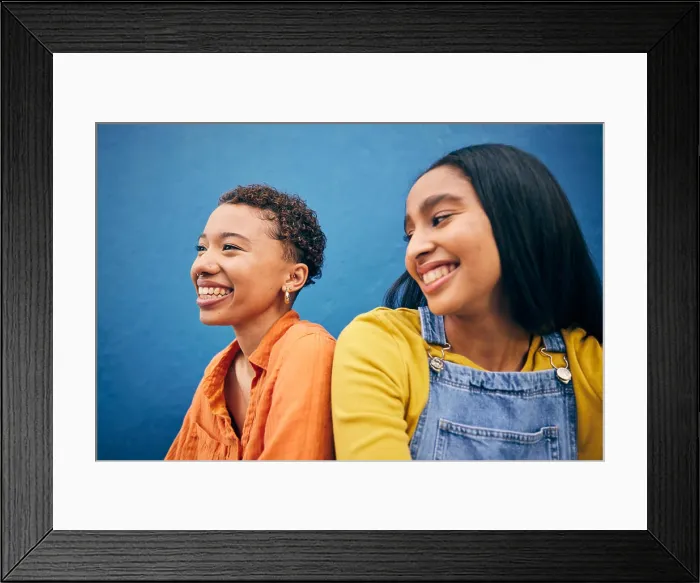 Framed Print : Happy, friends and student with women on wall background for teenager Framed Print : Happy, friends and student with women on wall background for teenager