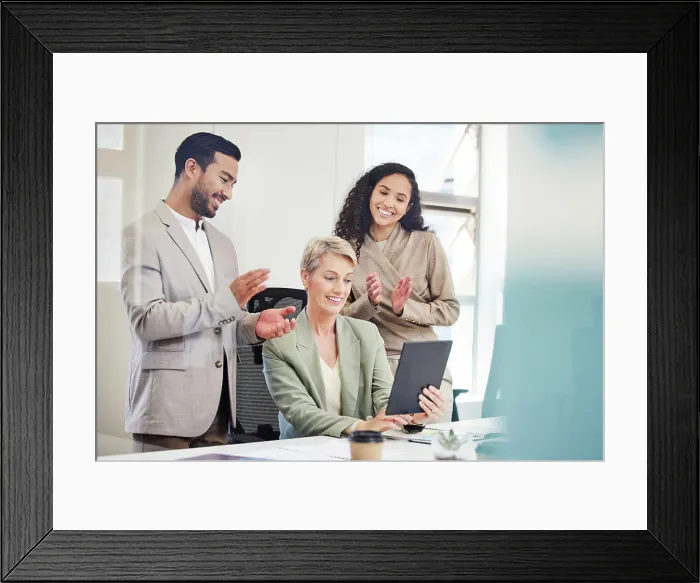 Framed Print : Tablet, applause and business people in office with celebration Framed Print : Tablet, applause and business people in office with celebration