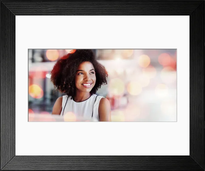 Framed Print : Banner, thinking and woman with smile Framed Print : Banner, thinking and woman with smile